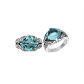 Elegant Sterling Silver Balinese Design Ring With Blue Topaz Quartz And Cubic Zirconia Stones
